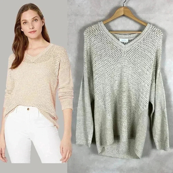 Women’s CALVIN KLEIN Beige Loose V-neck Sweater NEW - Picture 3 of 11